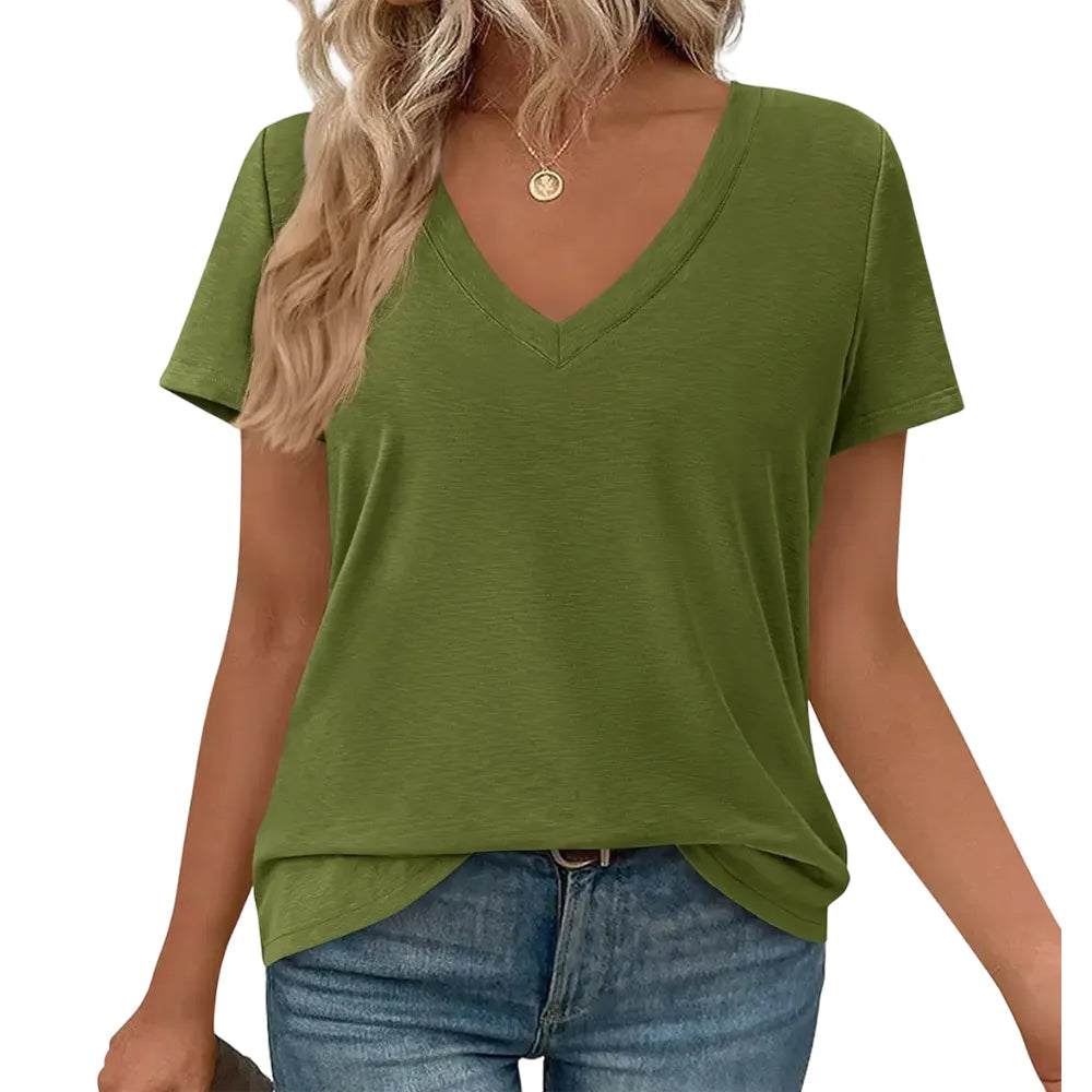 Women's Casual V-Neck Oversized Short Sleeve Loose Basic Tees