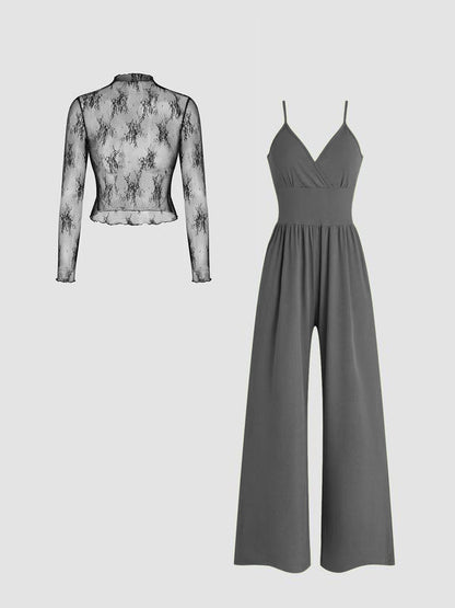 🎉Hot selling items-Women's solid color lace t-shirt and pocket jumpsuit two-piece set