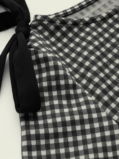 Boat Neck Gingham Bowknot Ruched Long Sleeve Top