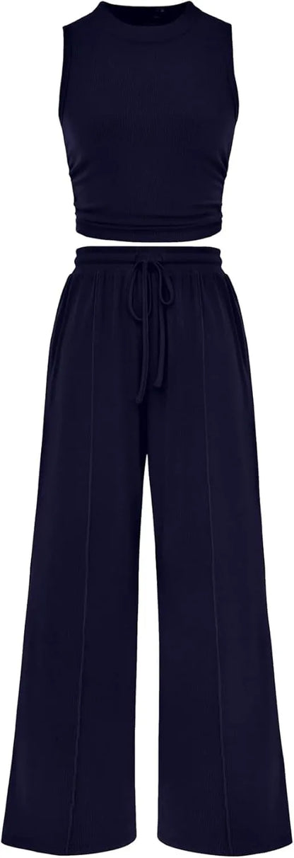 Women Summer 2 Piece Outfits Ribbed Knit Cropped Top Elastic Waist Wide Leg Pants Lounge Set