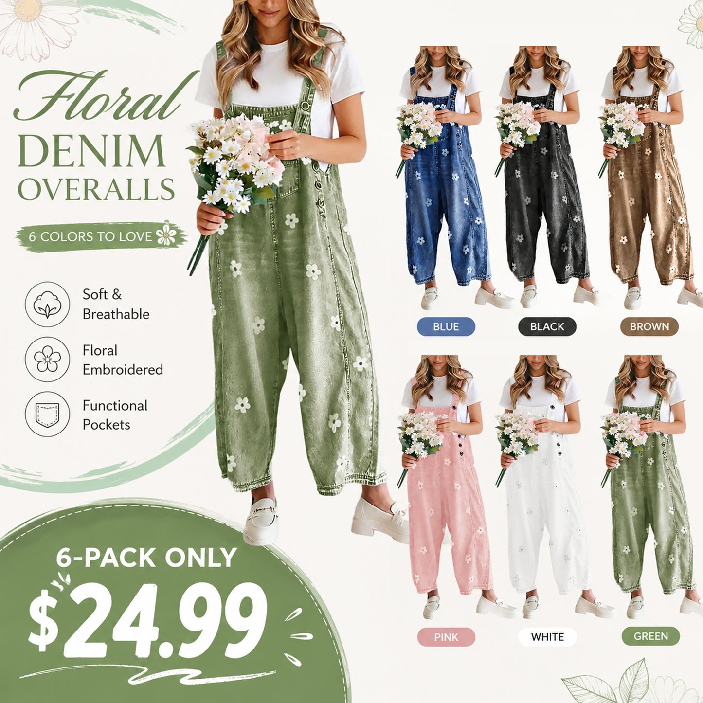 🔥Flash Sale🔥Women's Floral Printed Adjustable Strap Denim Bib Overall - Cute Chic Wide Leg Baggy Jeans Jumpsuit, Versatile Clothes for Matching Shirts