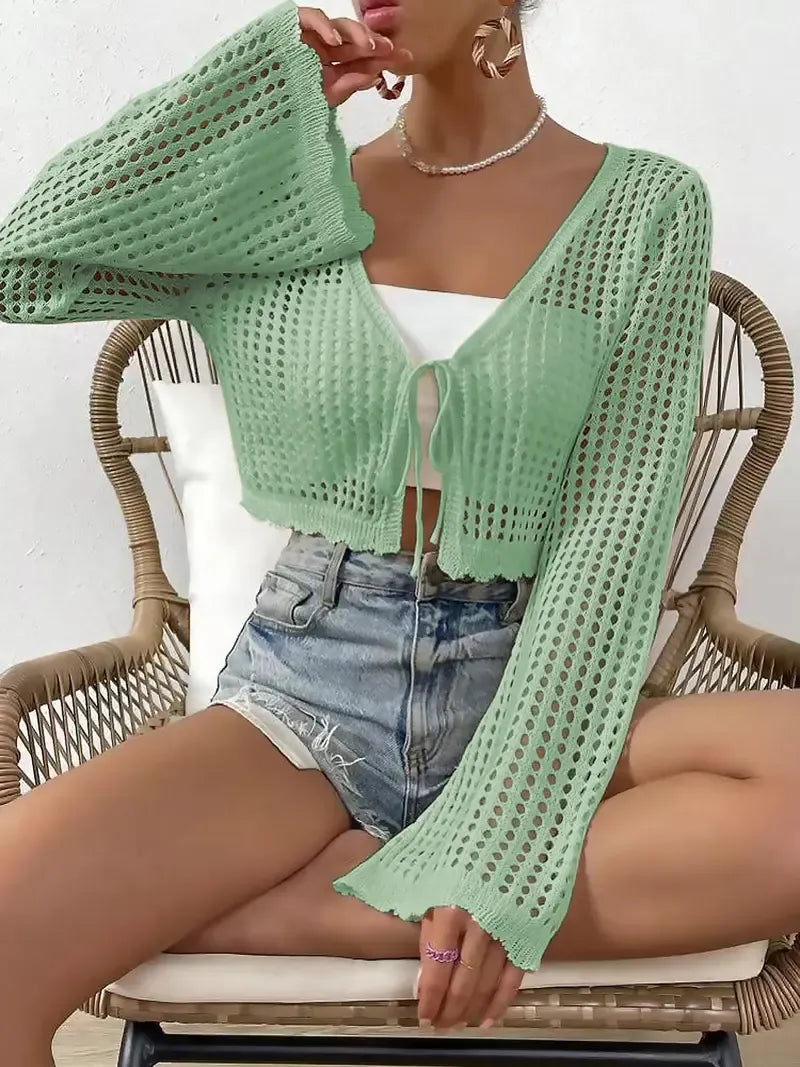 Women's Plain Hollow Out Tie Front Crop Cardigan