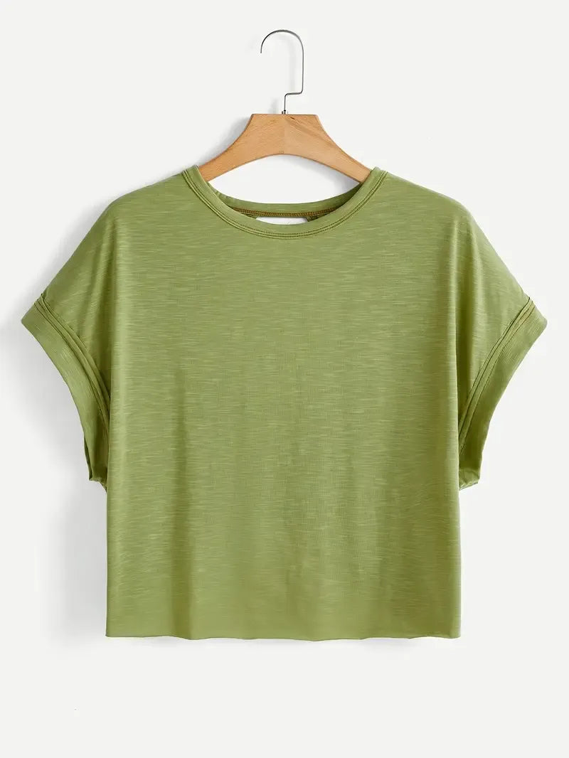 Women's Plain Cut Out Asymmetrical Hem Batwing Sleeve Tee, Elegant Casual Short Sleeve Round Neck T-Shirt for Summer, Ladies Clothes for Daily Wear