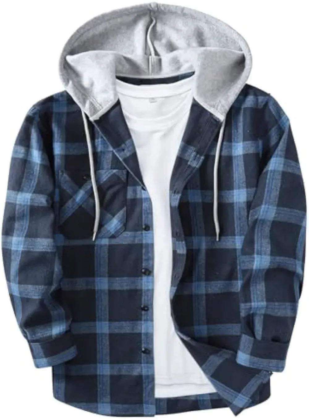 Men’s Plus Size Plaid Patchwork Hooded Jacket – Button Front Casual Outerwear with Pockets