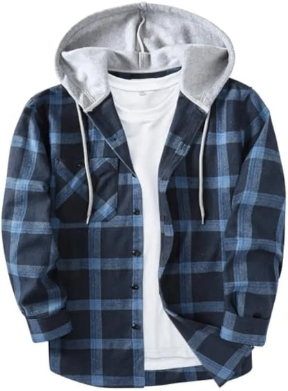 Men’s Plus Size Plaid Patchwork Hooded Jacket – Button Front Casual Outerwear with Pockets